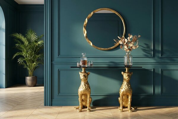 Designový glamour konzolový stolek Tierra Glam s černou mramorovou deskou a zlatou kovovou podstavou se dvěma pantry 116 cm