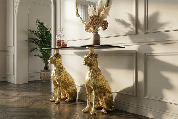 Designový glamour konzolový stolek Tierra Glam s černou mramorovou deskou a zlatou kovovou podstavou se dvěma pantry 116 cm