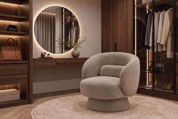 Dizajnové art deco otočné kreslo Elian s buklým potahom v hnědém odtieni taupe so zaoblenou siluetou 76 cm
