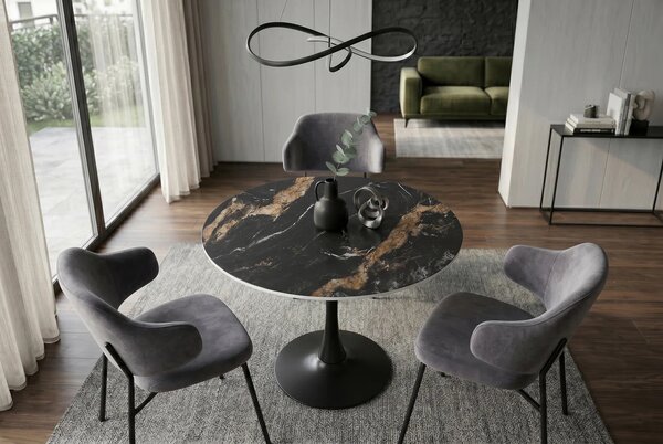 Designový moderní kulatý jídelní stůl Ceramia v černé barvě s keramickou mramorovou deskou a kovovou nohou 80 cm
