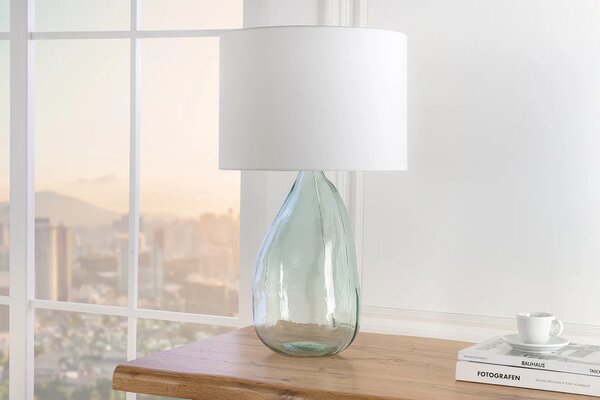 Designová moderní stolní lampa Glassy s průhlednou nohou ze skla s bílým textilním stínítkem 60 cm