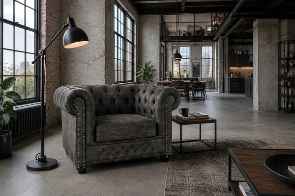 Designové šedé křeslo Chesterfield se sametovým potahem s prošíváním s kulatými knoflíky a zarolovanou opěrkou 109 cm