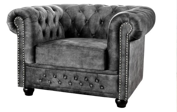 Designové šedé křeslo Chesterfield se sametovým potahem s prošíváním s kulatými knoflíky a zarolovanou opěrkou 109 cm