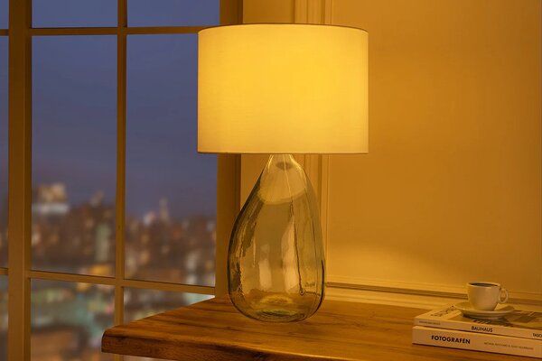 Designová moderní stolní lampa Glassy s průhlednou nohou ze skla s bílým textilním stínítkem 60 cm