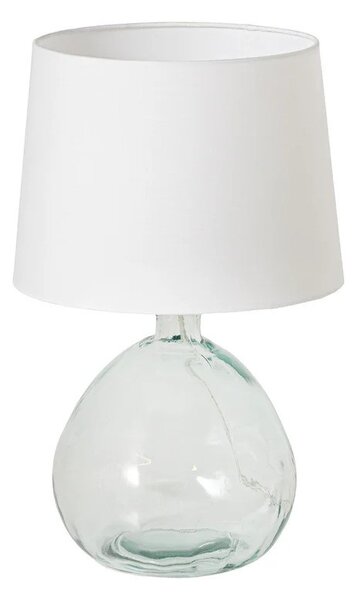 Moderní skleněná stolní lampa Glassy s asymetrickou transparentní nohou a bílým textilním stínítkem 42 cm