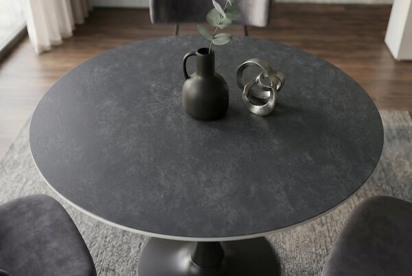 Industriální černý jídelní stůl Ceramia Gris s kulatou keramickou deskou s šedým mramorovým designem a kovovou nohou 80 cm