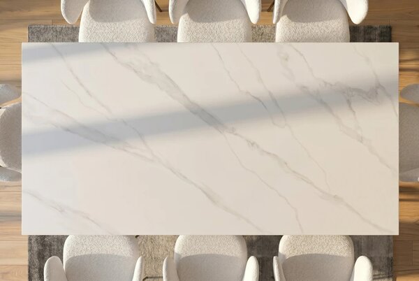Moderní obdélníkový jídelní stůl Ceramia Blanca s keramickou deskou v designu bílého mramoru s překříženýma nohama 180 cm