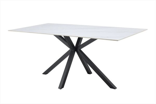 Moderní obdélníkový jídelní stůl Ceramia Blanca s keramickou deskou v designu bílého mramoru s překříženýma nohama 180 cm