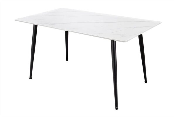 Moderní keramický jídelní stůl Ceramia Blanca s bílou obdélníkovou deskou s šedým mramorováním a černýma nohama 140 cm
