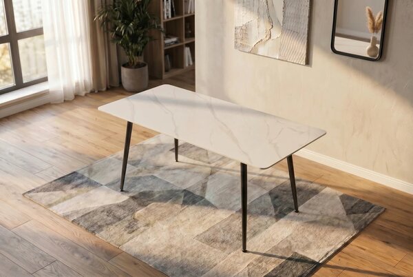 Moderní keramický jídelní stůl Ceramia Blanca s bílou obdélníkovou deskou s šedým mramorováním a černýma nohama 140 cm