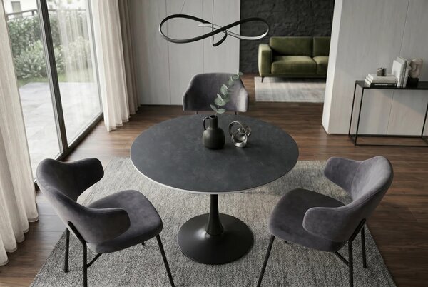 Industriální černý jídelní stůl Ceramia Gris s kulatou keramickou deskou s šedým mramorovým designem a kovovou nohou 80 cm