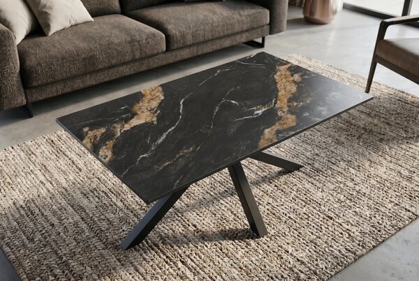 Designový obdélníkový konferenční stolek Ceramia s keramickou černou a hnědou mramorovou deskou s překříženýma nohama 100 cm