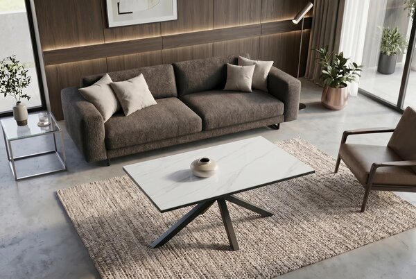 Moderní obdélníkový keramický konferenční stolek Ceramia Blanca s designem bílého mramoru s překříženýma černýma nohama 100 cm