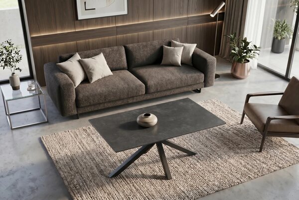 Industriální obdélníkový konferenční stolek Ceramia Gris s designem černého mramoru s překříženýma kovovými nohami 100 cm