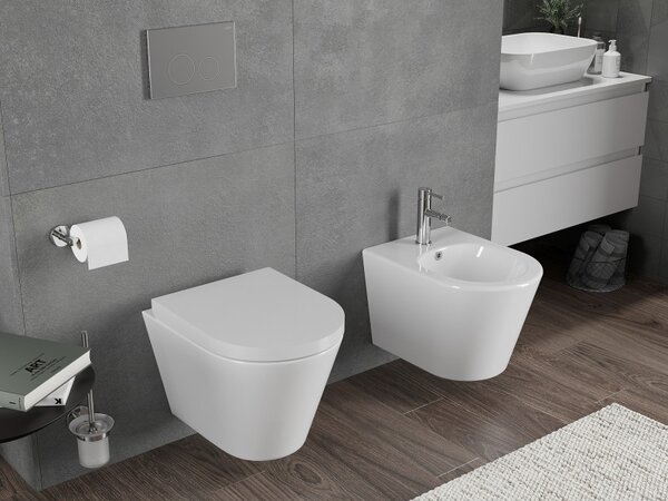 Mexen Rico, závěsná WC mísa 490x360x370 mm, Rimless Tornádo + WC sedátko z duroplastu, bílá lesklá, 30720200T