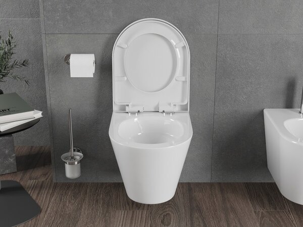 Mexen Rico, závěsná WC mísa 490x360x370 mm, Rimless Tornádo + WC sedátko z duroplastu, bílá lesklá, 30720200T