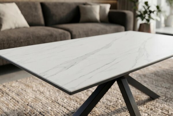Moderní obdélníkový keramický konferenční stolek Ceramia Blanca s designem bílého mramoru s překříženýma černýma nohama 100 cm