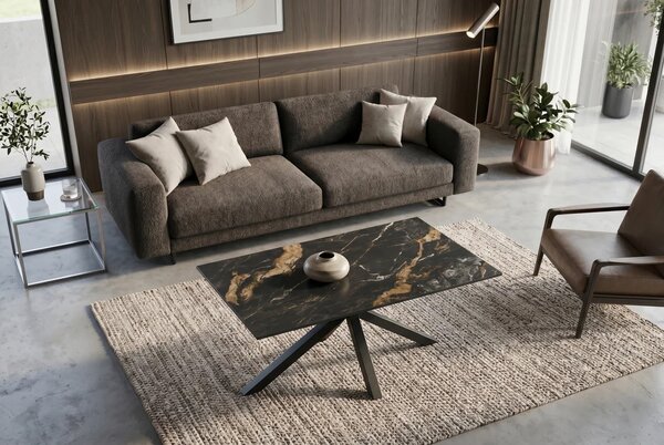 Designový obdélníkový konferenční stolek Ceramia s keramickou černou a hnědou mramorovou deskou s překříženýma nohama 100 cm