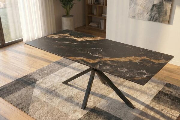 Designový mramorový černý jídelní stůl Ceramia s obdélníkovou deskou s hnědou kresbou a zkříženýma nohama 160 cm