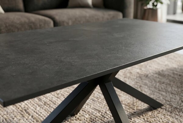 Industriální obdélníkový konferenční stolek Ceramia Gris s designem černého mramoru s překříženýma kovovými nohami 100 cm
