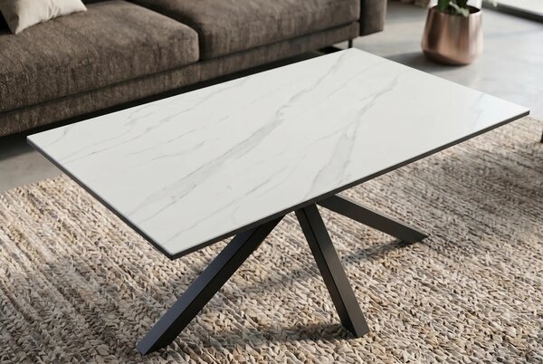 Moderní obdélníkový keramický konferenční stolek Ceramia Blanca s designem bílého mramoru s překříženýma černýma nohama 100 cm