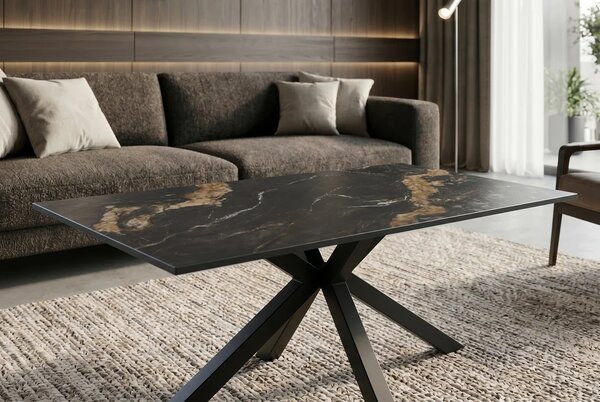 Designový obdélníkový konferenční stolek Ceramia s keramickou černou a hnědou mramorovou deskou s překříženýma nohama 100 cm
