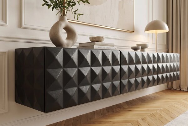 Designový masivní nástěnný TV stolek Vinan se třemi dvířky a geometrickým plastickým reliéfem v černé barvě 160 cm