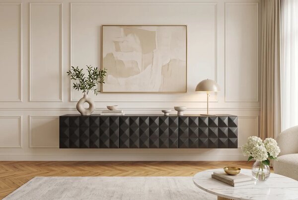 Designový masivní nástěnný TV stolek Vinan se třemi dvířky a geometrickým plastickým reliéfem v černé barvě 160 cm