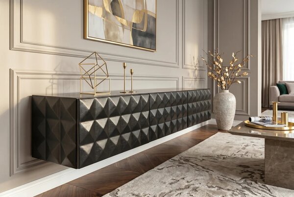 Designový masivní nástěnný TV stolek Vinan se třemi dvířky a geometrickým plastickým reliéfem v černé barvě 160 cm