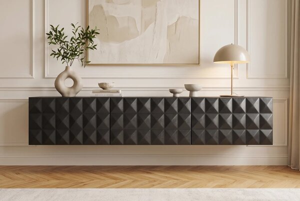 Designový masivní nástěnný TV stolek Vinan se třemi dvířky a geometrickým plastickým reliéfem v černé barvě 160 cm