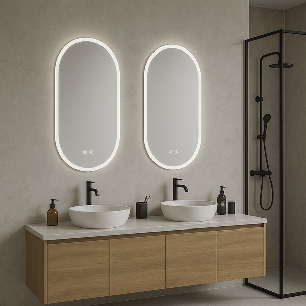 Erga Demi, oválné LED zrcadlo 50x80cm, 3 barvy světla, přední osvětlení, topná podložka proti zapaření, ERG-V01-Demi-5080-CL
