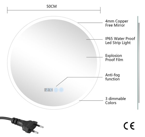 Erga Deam, kulaté LED zrcadlo 50cm, 3 barvy světla, přední osvětlení, vyhřívací podložka proti zapaření, ERG-V01-Deam-5050-CL
