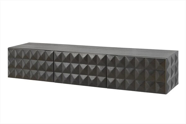 Designový masivní nástěnný TV stolek Vinan se třemi dvířky a geometrickým plastickým reliéfem v černé barvě 160 cm