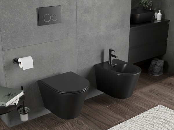 Mexen Rico, závěsná WC mísa 490x360x370 mm, Rimless Tornádo + WC sedátko z duroplastu, černá matná, 30721085T