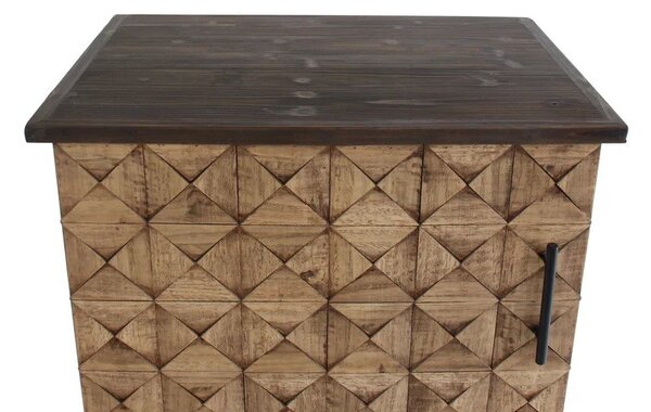 Art deco hnědá barová masivní skříňka Deidra jednodveřová s vinotékou se šuplíky s mozaikou s diamantovým vzorem 89 cm