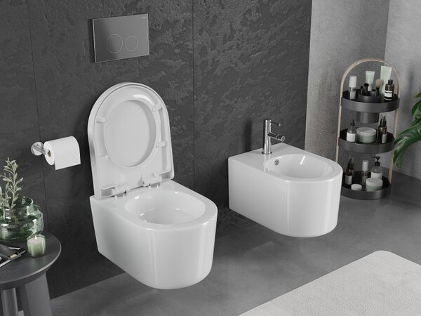 Mexen Sofia, závěsná WC mísa 490x360x355 mm, Rimless Tornádo + WC sedátko z duroplastu, bílá lesklá, 30540200T