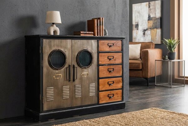 Industriální dvoudveřový příborník Lincoln s pěti zásuvkami v černé barvě s designovými detaily v šedé a hnědé 105 cm