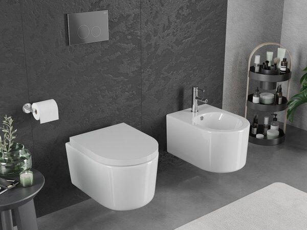 Mexen Sofia, závěsná WC mísa 490x360x355 mm, Rimless Tornádo + WC sedátko z duroplastu, bílá lesklá, 30540200T
