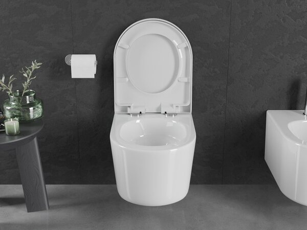 Mexen Sofia, závěsná WC mísa 490x360x355 mm, Rimless Tornádo + WC sedátko z duroplastu, bílá lesklá, 30540200T