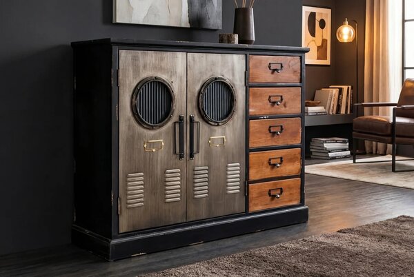Industriální dvoudveřový příborník Lincoln s pěti zásuvkami v černé barvě s designovými detaily v šedé a hnědé 105 cm