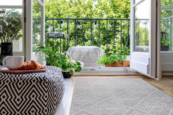 Koberec šňůrkový SIZAL FLAT 48731637 čtverce, Romby, geometrický - šedý / krém