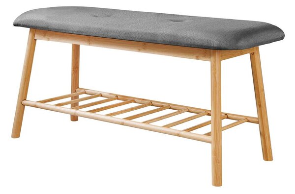 Designová skandinávska lavice Bobby s šedým čalouněným sedadlem a světlou hnědou bambusovou konstrukcí s policí 90 cm