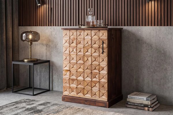 Art deco hnědá barová masivní skříňka Deidra jednodveřová s vinotékou se šuplíky s mozaikou s diamantovým vzorem 89 cm