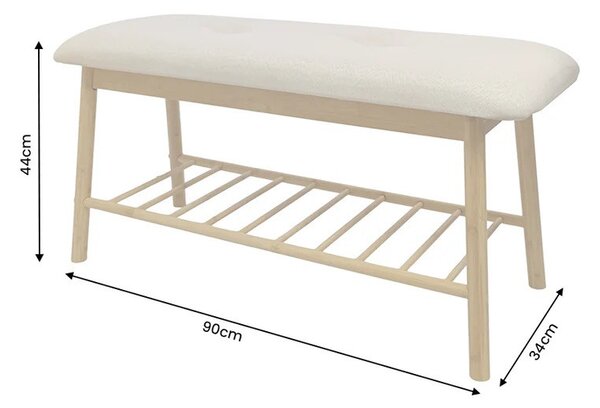 Designová skandinávska lavice Bobby s šedým čalouněným sedadlem a světlou hnědou bambusovou konstrukcí s policí 90 cm