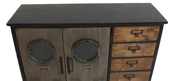 Industriální dvoudveřový příborník Lincoln s pěti zásuvkami v černé barvě s designovými detaily v šedé a hnědé 105 cm