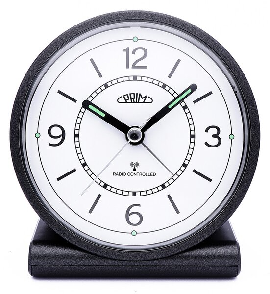 Analogový budík plastový bílý/černý PRIM Alarm Gentleman - C01P.3798.9000.IA