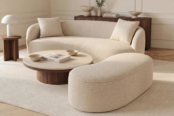 Moderní art deco lavice Magritte oválného organického tvaru s béžovým buklé potahem a úložným prostorem 120 cm