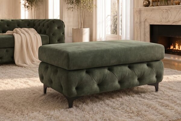 Moderní glamour obdélníková taburetka Modern Barock se zeleným sametovým potahem a chesterfield prošíváním na nožičkách 95 cm