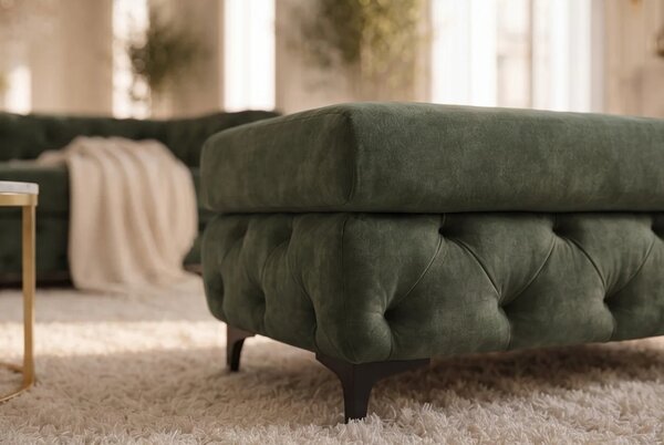 Moderní glamour obdélníková taburetka Modern Barock se zeleným sametovým potahem a chesterfield prošíváním na nožičkách 95 cm
