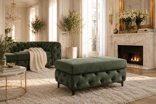 Moderní glamour obdélníková taburetka Modern Barock se zeleným sametovým potahem a chesterfield prošíváním na nožičkách 95 cm